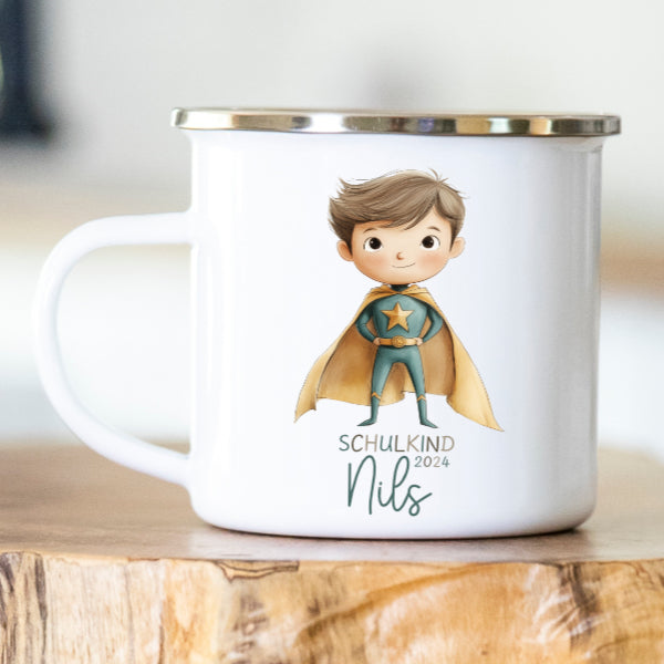 Personalisierte Emailletasse Schulkind 219 Superheld