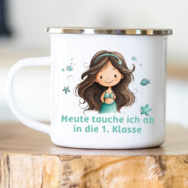 Personalisierte Emailletasse Schulkind 229 Meerjungfrau taucht ab