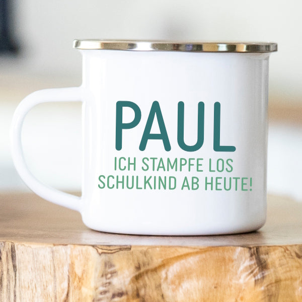 Personalisierte Emailletasse Schulkind 232 Dino