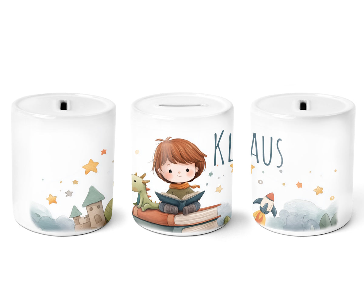 Personalisierte Kinder-Spardose ‚Lesefreund' aus Keramik mit Namen von zwanzigzwo