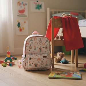 Kinderrucksack kleine Prinzessin im Kinderzimmer neben einem Stuhl mit Umhang