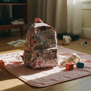 Kinderrucksack dusty rose auf einer Spieldecke im Wohnzimmer