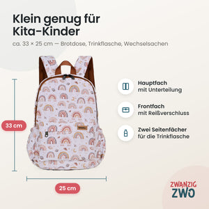 Kinderrucksack boho rainbow – Maße ca. 33 × 25 cm mit Hauptfach, Frontfach und Seitenfächern