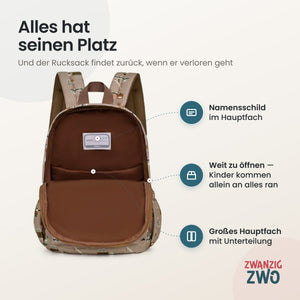Kinderrucksack building machines – geöffnetes Hauptfach mit Namensschild und Unterteilung