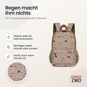 Kinderrucksack building machines – wasserabweisendes Polyester in Nahaufnahme