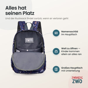 Kinderrucksack Color of the wind – geöffnetes Hauptfach mit Namensschild und Unterteilung