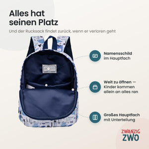 Kinderrucksack Dinolino – geöffnetes Hauptfach mit Namensschild und Unterteilung