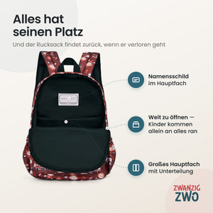 Kinderrucksack Feuerwehr Löwe – geöffnetes Hauptfach mit Namensschild und Unterteilung