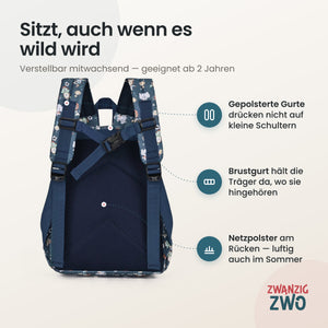 Kinderrucksack Fußballtiere – gepolsterte Schultergurte und verstellbarer Brustgurt