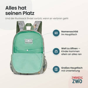 Kinderrucksack Himmelstiere – geöffnetes Hauptfach mit Namensschild und Unterteilung