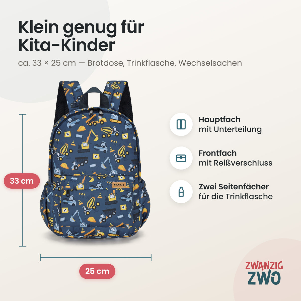 Kinderrucksack kleine Baustelle – Maße ca. 33 × 25 cm mit Hauptfach, Frontfach und Seitenfächern