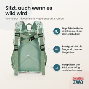 Kinderrucksack kleine Dinos – gepolsterte Schultergurte und verstellbarer Brustgurt