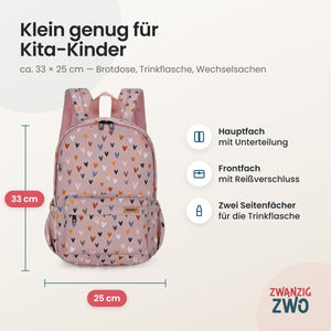 Kinderrucksack kleine Herzen – Maße ca. 33 × 25 cm mit Hauptfach, Frontfach und Seitenfächern