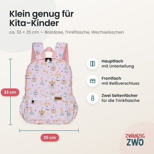 Kinderrucksack kleine Prinzessin – Maße ca. 33 × 25 cm mit Hauptfach, Frontfach und Seitenfächern