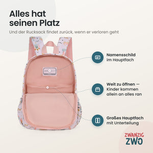 Kinderrucksack kleine Prinzessin – geöffnetes Hauptfach mit Namensschild und Unterteilung