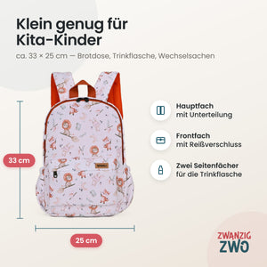 Kinderrucksack magische Tiere – Maße ca. 33 × 25 cm mit Hauptfach, Frontfach und Seitenfächern