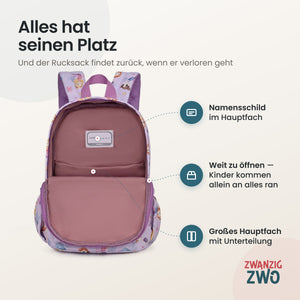 Kinderrucksack Meerjungfrau – geöffnetes Hauptfach mit Namensschild und Unterteilung