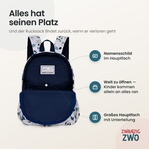 Kinderrucksack spacymacy – geöffnetes Hauptfach mit Namensschild und Unterteilung