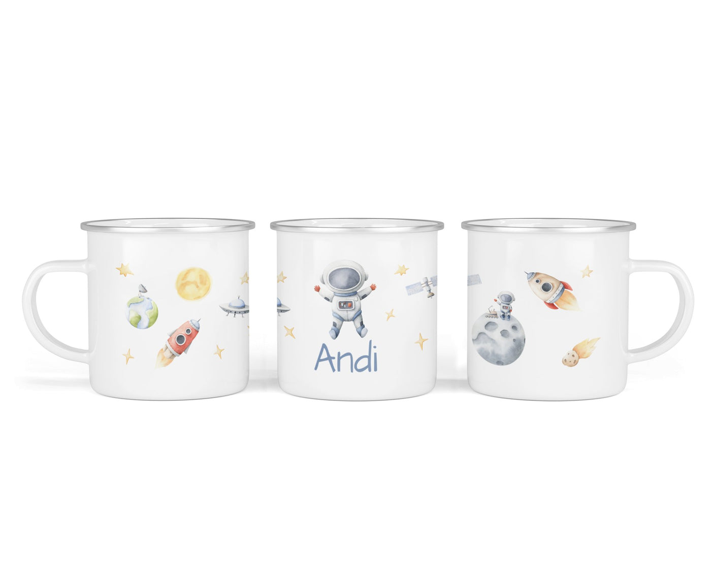 Personalisierte Emaille-Tasse ‚Weltraum' mit Namen von zwanzigzwo – 300 ml Kinderbecher