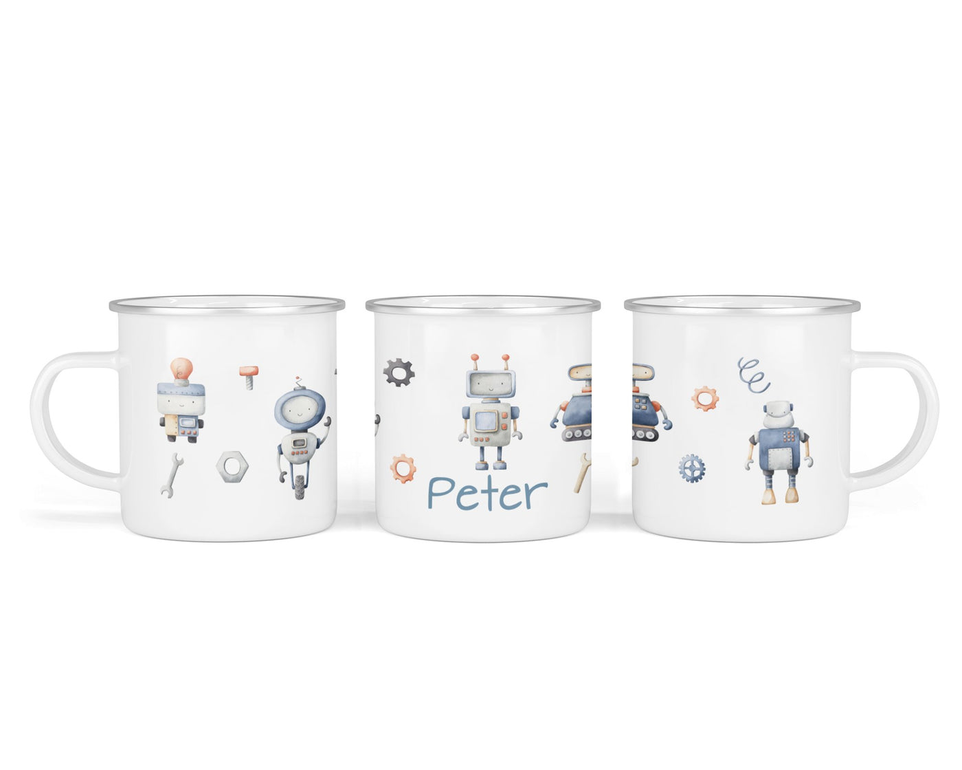Personalisierte Emaille-Tasse ‚robo kids' mit Namen von zwanzigzwo – 300 ml Kinderbecher