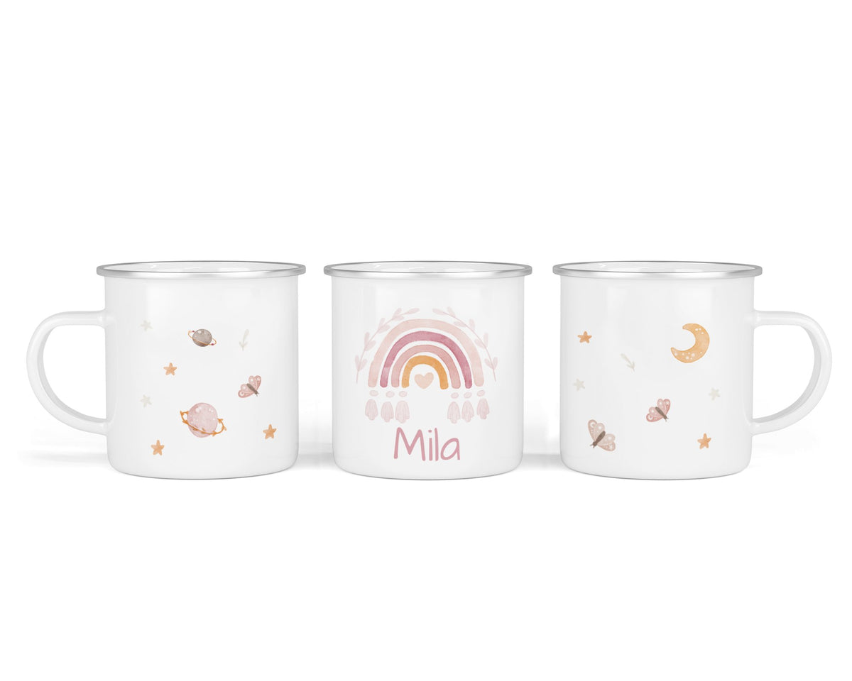 Personalisierte Emailletasse 3.boho rainbow rosa