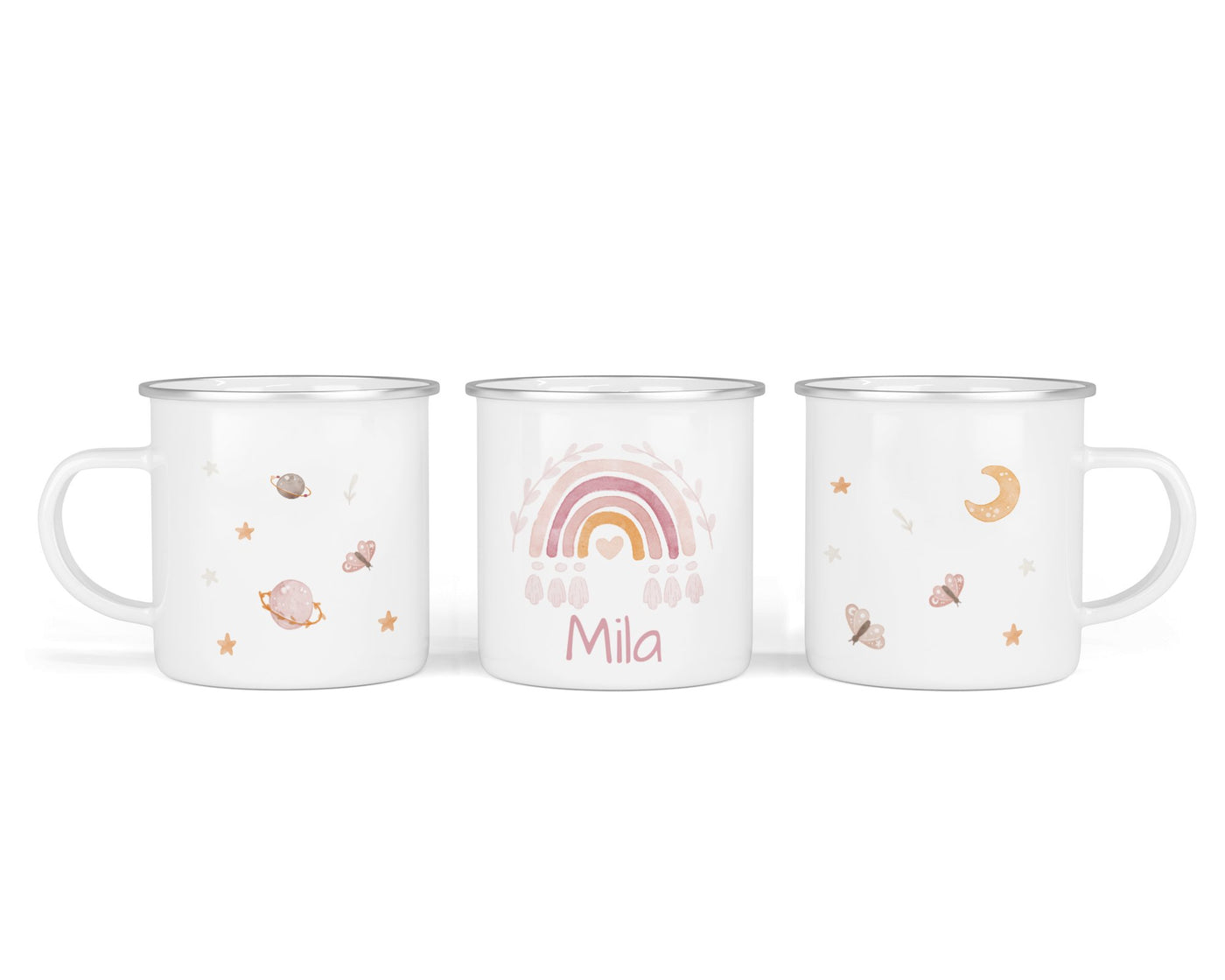 Personalisierte Emaille-Tasse ‚boho rainbow rosa' mit Namen von zwanzigzwo – 300 ml