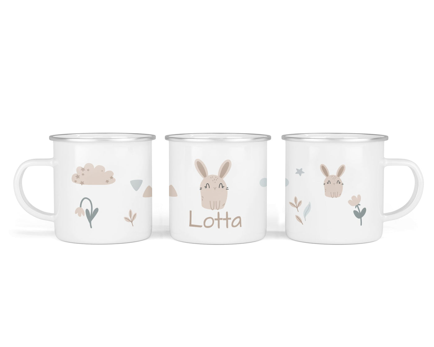 Personalisierte Emaille-Tasse ‚Hasen Garten' mit Namen von zwanzigzwo – 300 ml