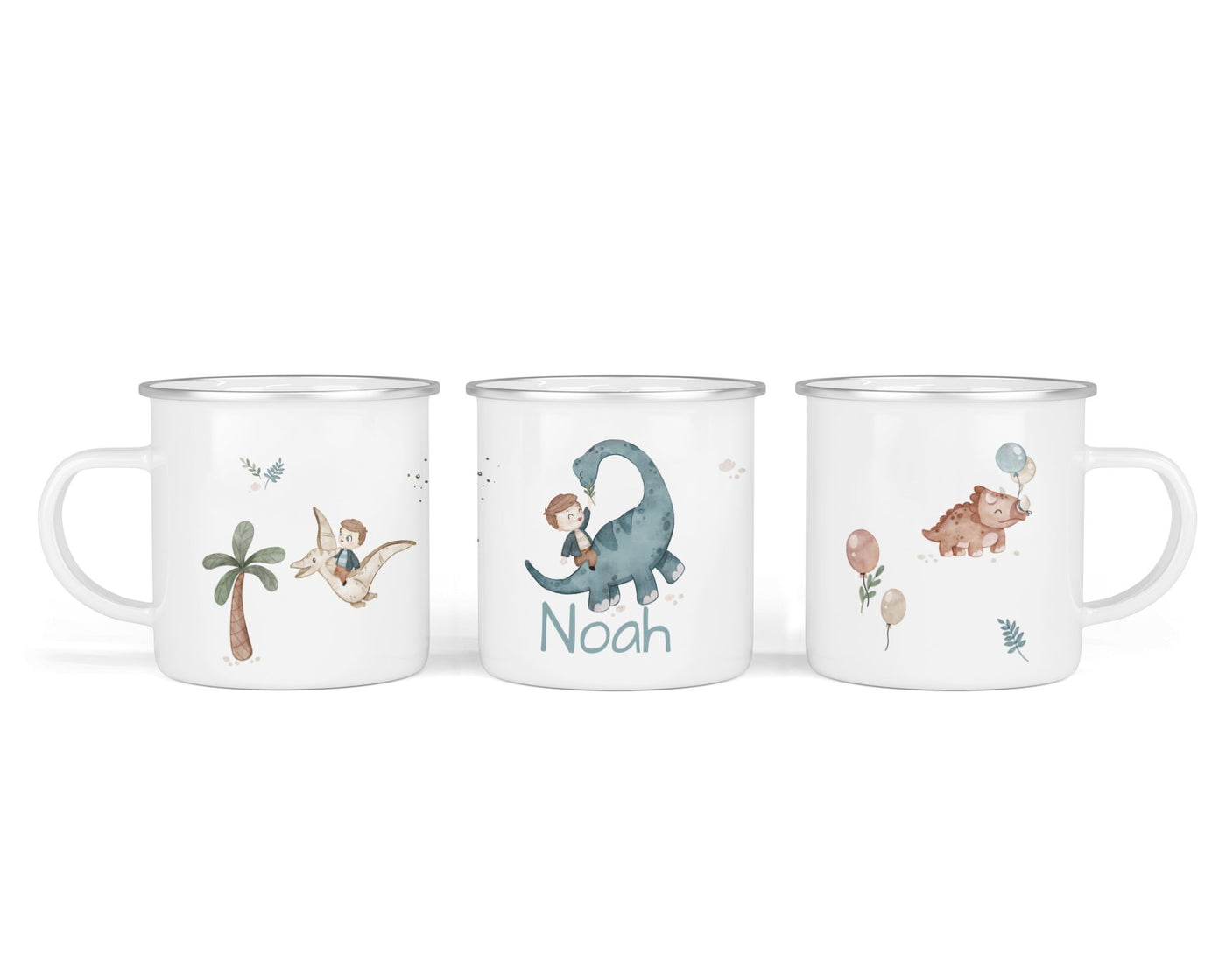 Personalisierte Emaille-Tasse ‚Dinoreiter' mit Namen von zwanzigzwo – 300 ml Kinderbecher