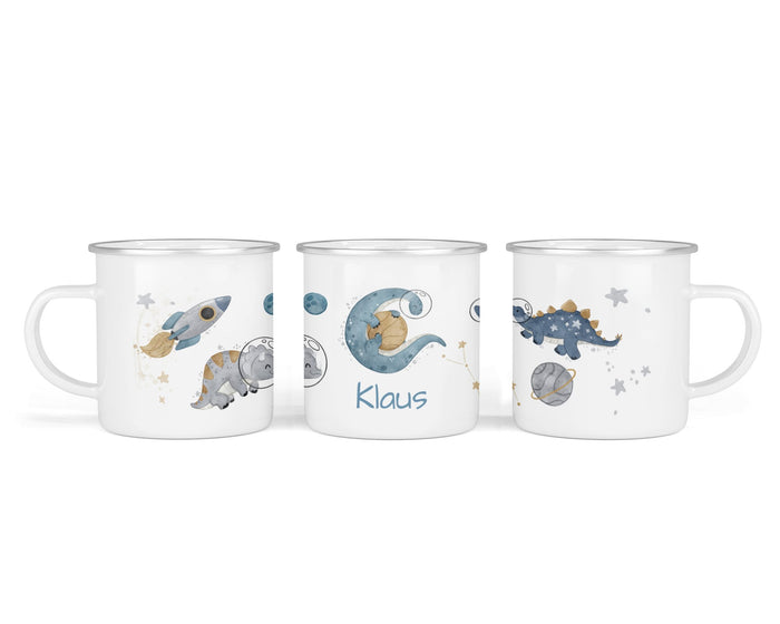 Personalisierte Emailletasse 86. space dinos