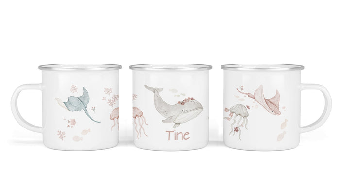 Personalisierte Emailletasse 90. Blumen Wal
