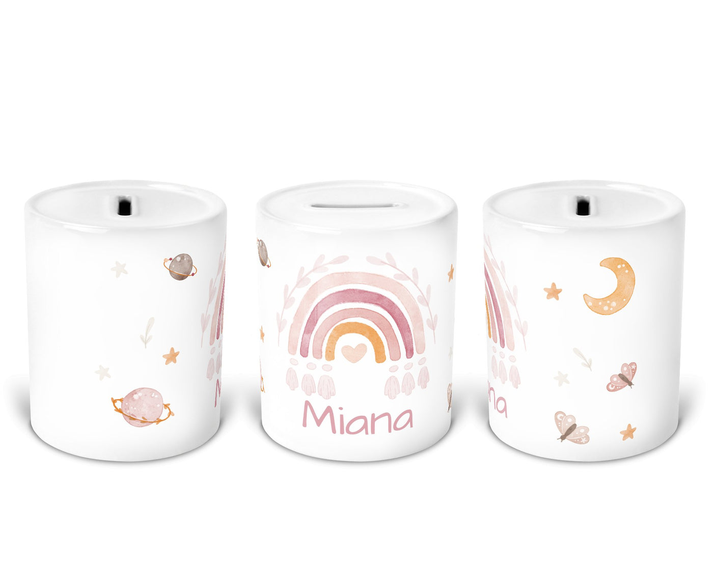 Personalisierte Kinder-Spardose ‚boho rainbow rosa' aus Keramik mit Namen von zwanzigzwo