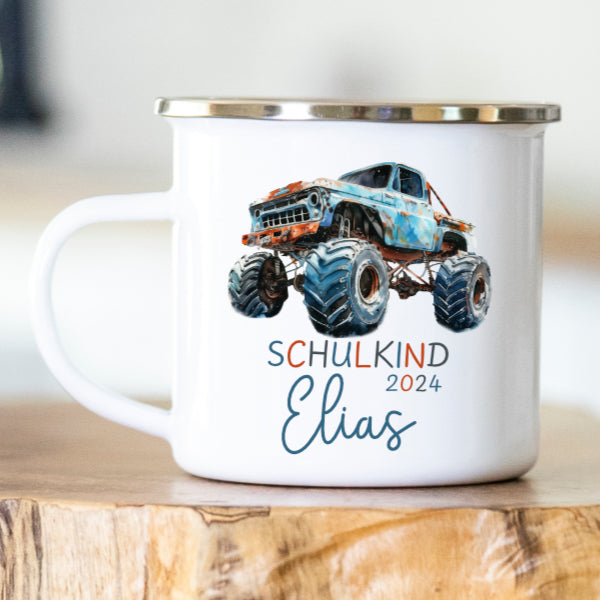 Emailletasse zur Einschulung mit Monstertruck