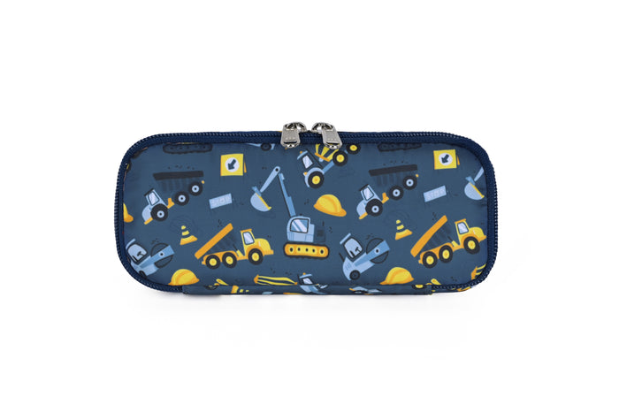 Stiftemäppchen kleine Baustelle in Marineblau mit Baggern und Baustellenfahrzeugen