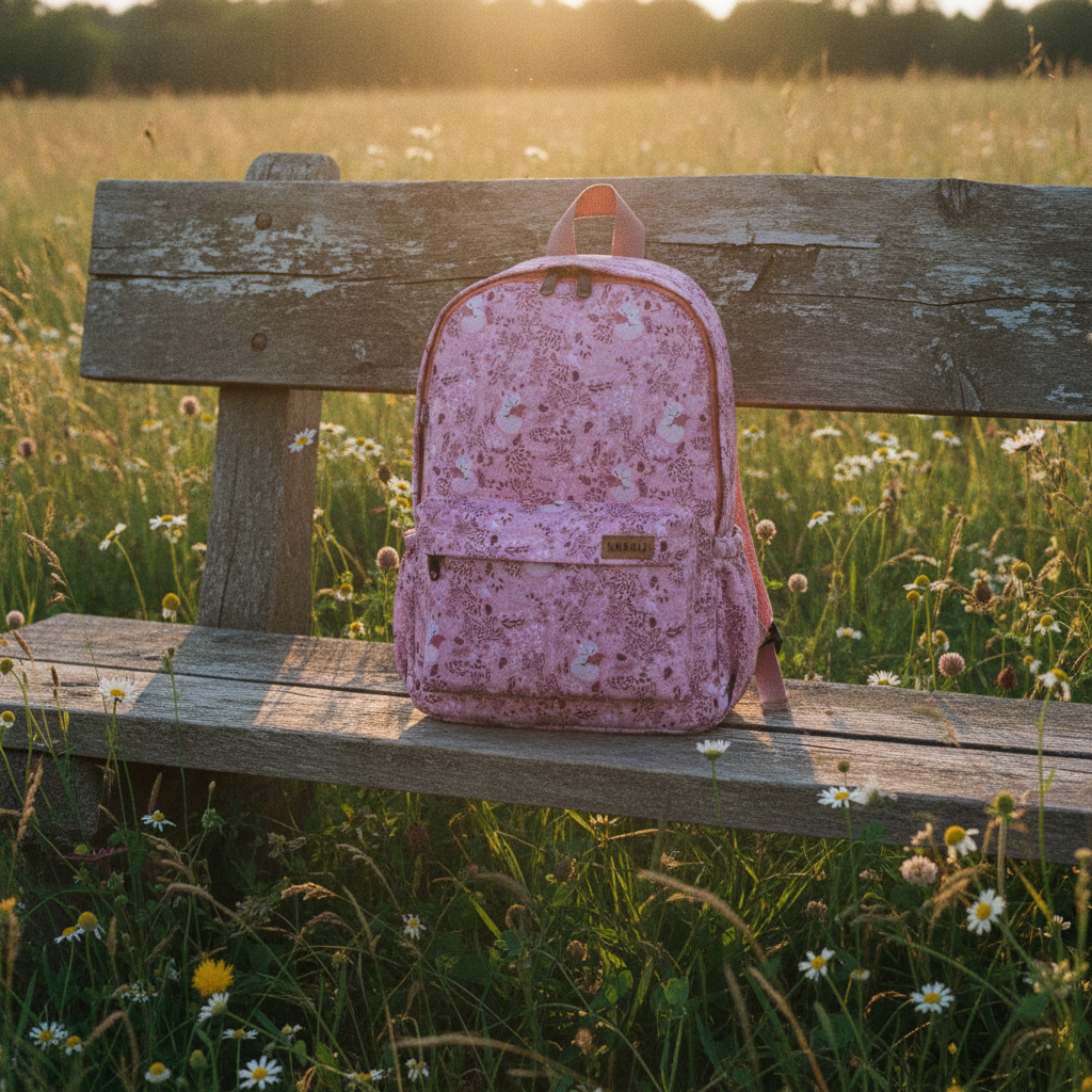 Kinderrucksack Blumenfuchs auf einer Bank am Wiesenrand