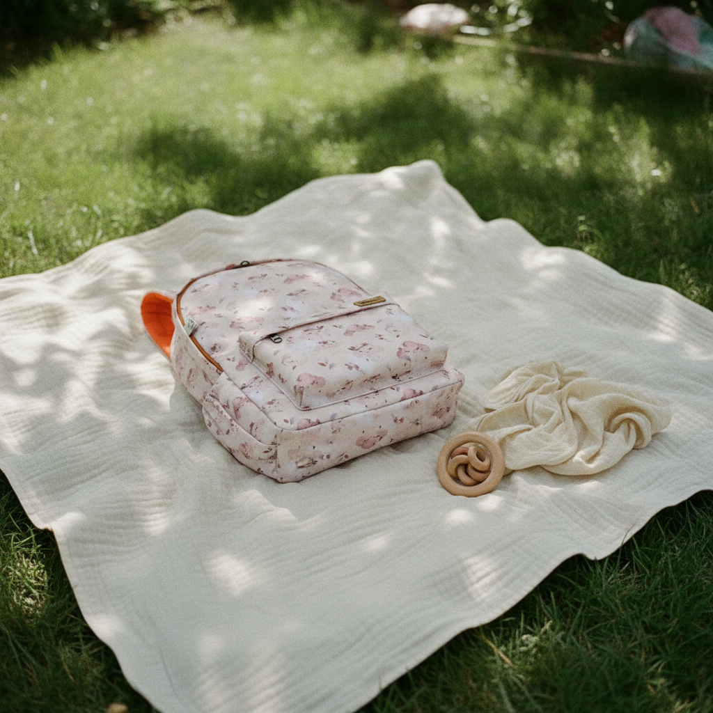 Kinderrucksack boho cloud auf einer Musselindecke im Gras