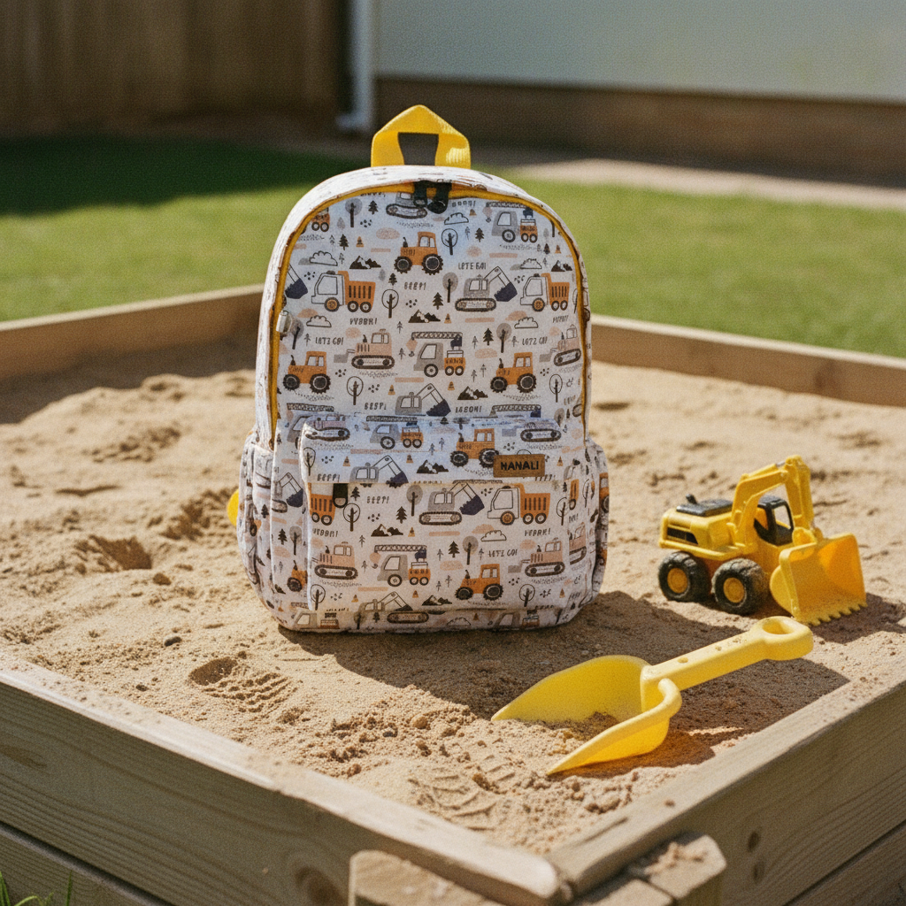 Kinderrucksack Beep bagger steht im Sandkasten neben Schaufel und Spielzeugbagger