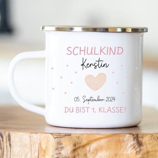 Personalisierte Emailletasse Schulkind 204 Herz