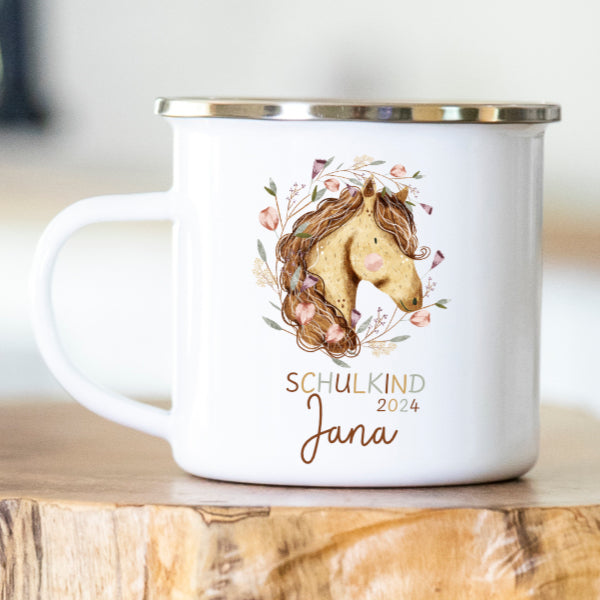 Personalisierte Emailletasse Schulkind 209 Pferd
