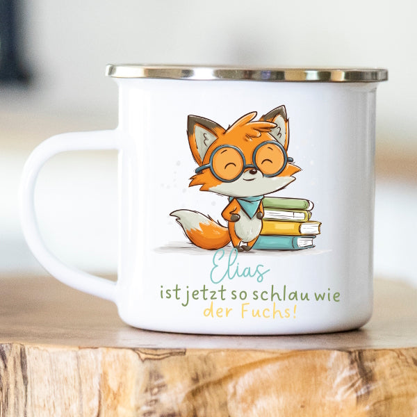Personalisierte Emailletasse Schulkind 233 Schlauer Fuchs