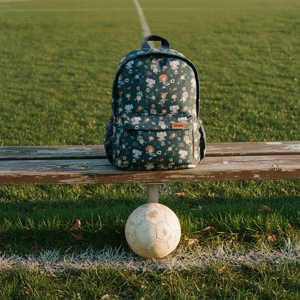 Kinderrucksack Fußballtiere auf einer Bank am Fußballplatz