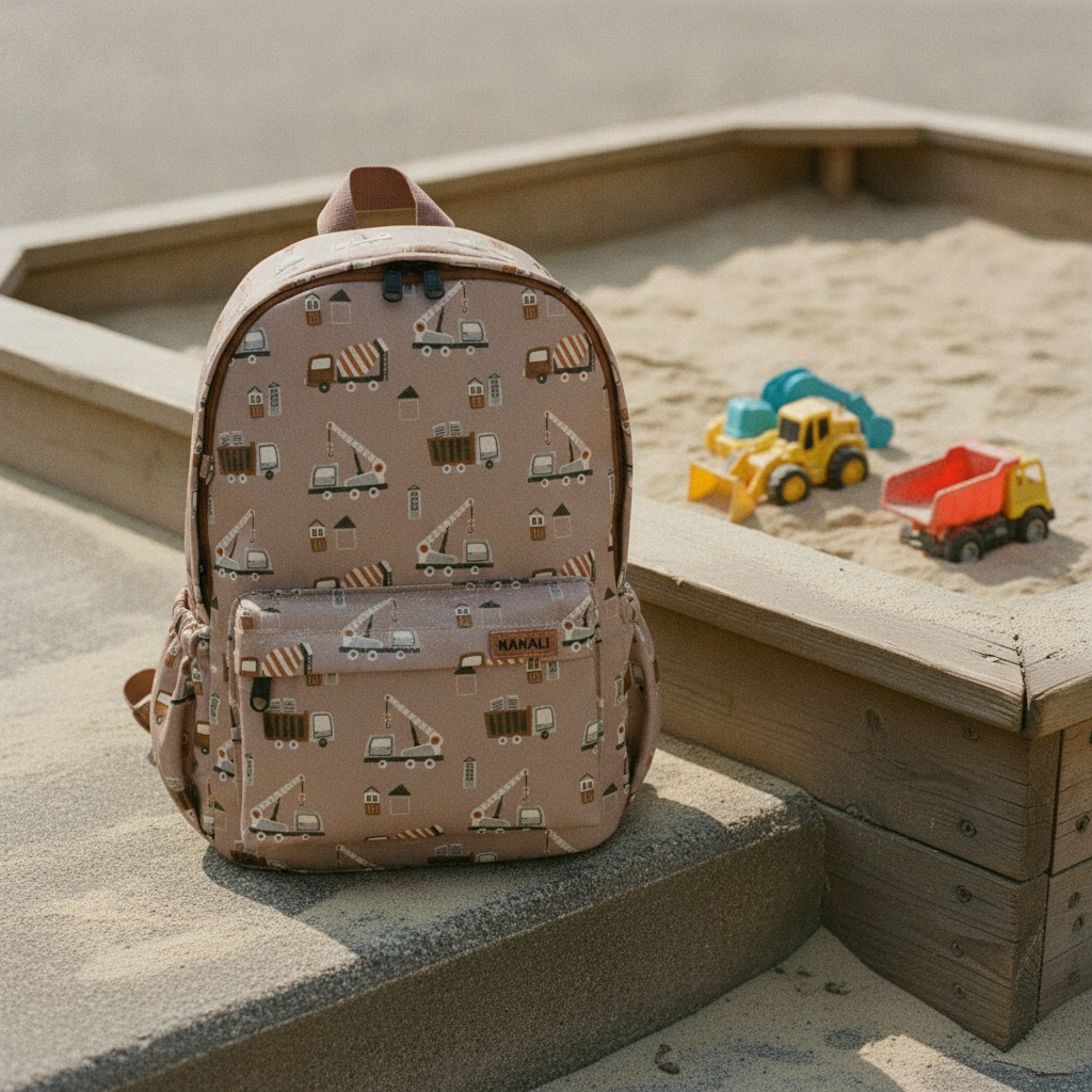Kinderrucksack building machines am Rand eines Sandkastens mit Spielzeugbaggern