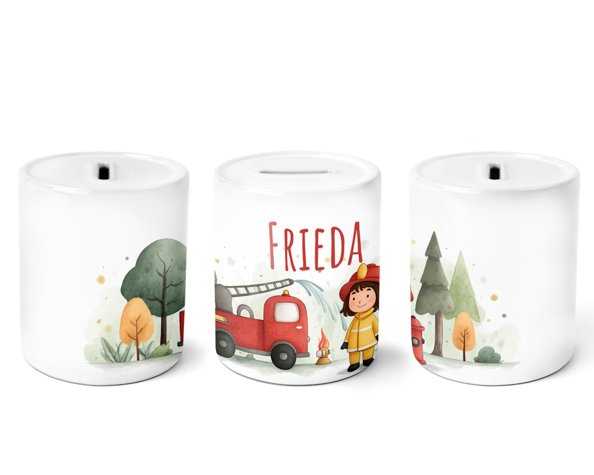 Personalisierte Kinder-Spardose ‚Feuerwehr Mädchen' aus Keramik mit Namen von zwanzigzwo