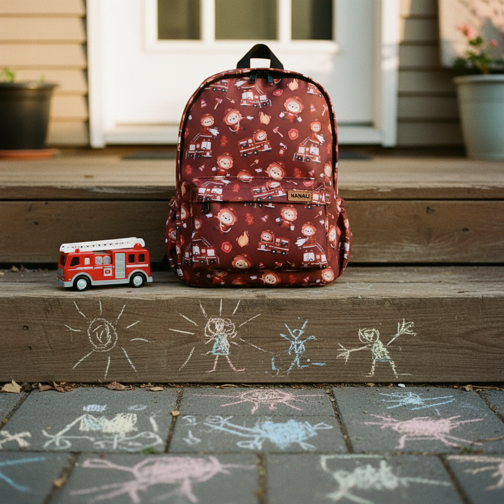 Kinderrucksack Feuerwehr Löwe auf einer Treppenstufe neben einem Spielzeug-Feuerwehrauto