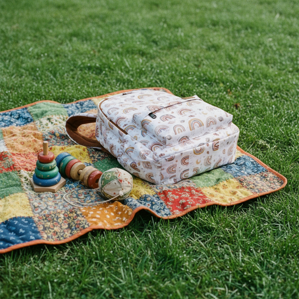 Kinderrucksack boho rainbow auf einer bunten Patchworkdecke im Garten