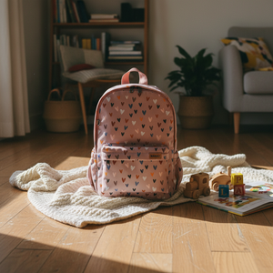 Kinderrucksack kleine Herzen auf einer Strickdecke im Wohnzimmer
