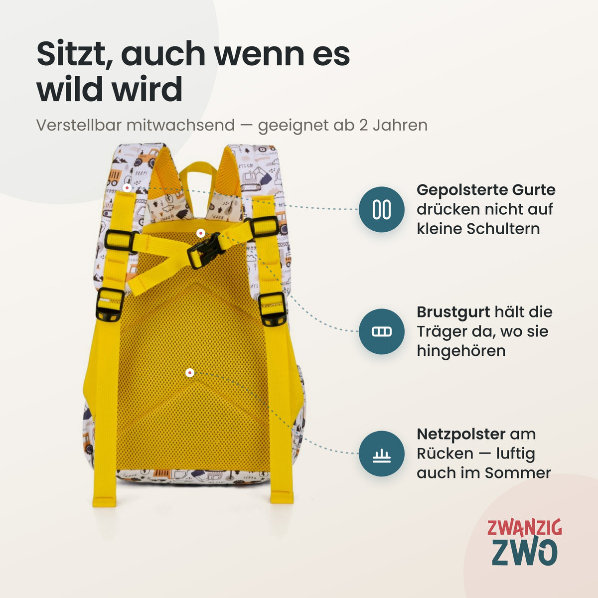 Kinderrucksack Beep bagger – gepolsterte Schultergurte und verstellbarer Brustgurt