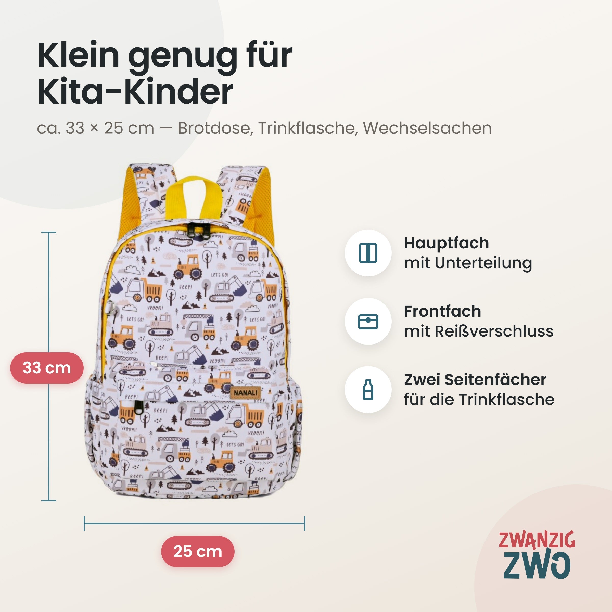 Kinderrucksack Beep bagger – Maße ca. 33 × 25 cm mit Hauptfach, Frontfach und Seitenfächern