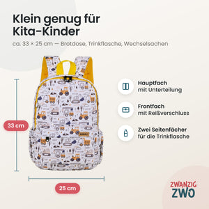 Kinderrucksack Beep bagger – Maße ca. 33 × 25 cm mit Hauptfach, Frontfach und Seitenfächern