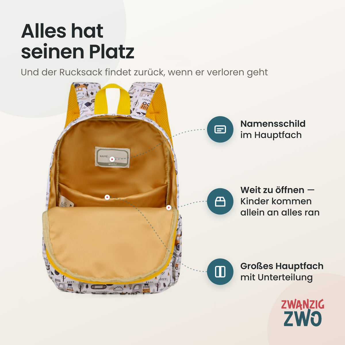 Kinderrucksack Beep bagger – geöffnetes Hauptfach mit Namensschild und Unterteilung