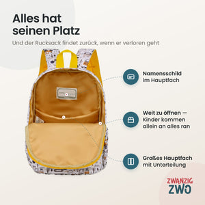 Kinderrucksack Beep bagger – geöffnetes Hauptfach mit Namensschild und Unterteilung
